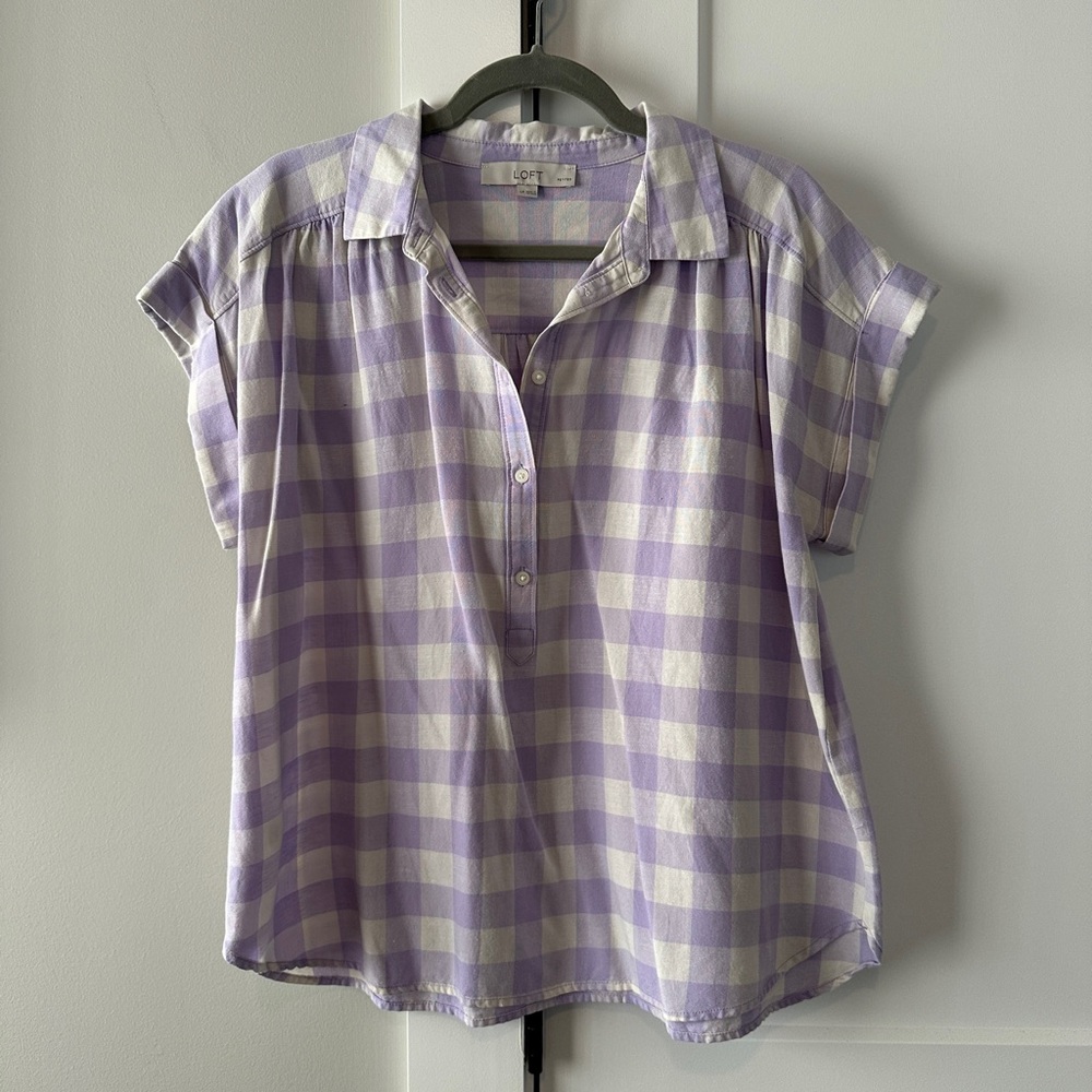 LOFT Purple and White Cap Sleeve Button Down Shirt